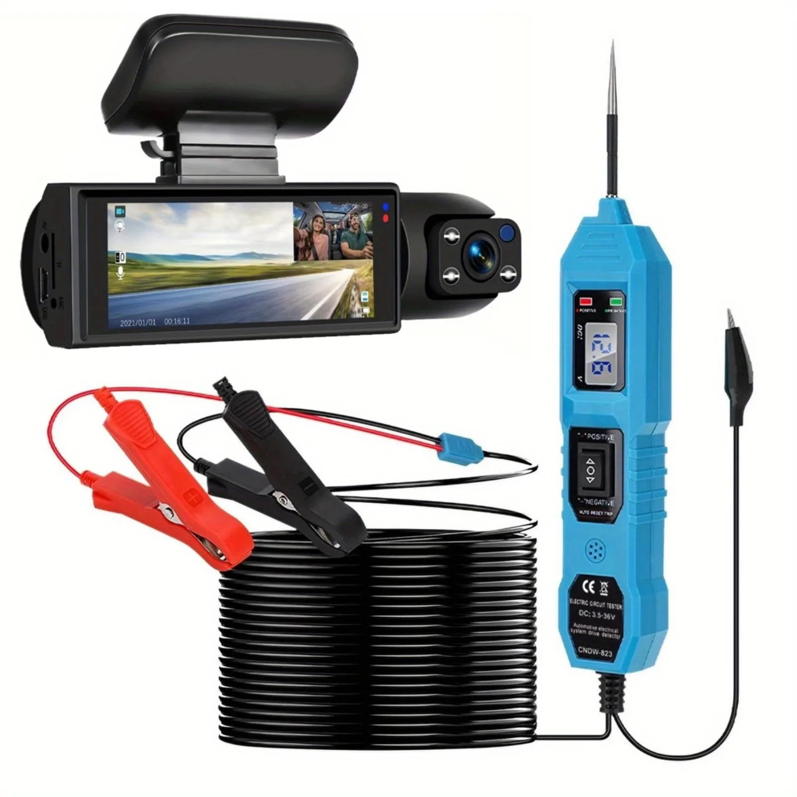 Front & Rear Dash Cam - 3.16' IPS Screen, IR Night Vision, 24H Parking Monitor, 170° Wide Angle, Loop Recording, for Driving Safety. With Multifunctional Car Circuit Tester, LCD Display, 12V/24V Diagnosis, Continuity Test, Fuse & Relay Test.
Front & Rear Dash Cam - 3.16' IPS Screen, IR Night Vision, 24H Parking Monitor, 170° Wide Angle, Loop Recording, for Driving Safety. With Multifunctional Car Circuit Tester, LCD Display, 12V/24V Diagnosis, Continuity Test, Fuse & Relay Test.