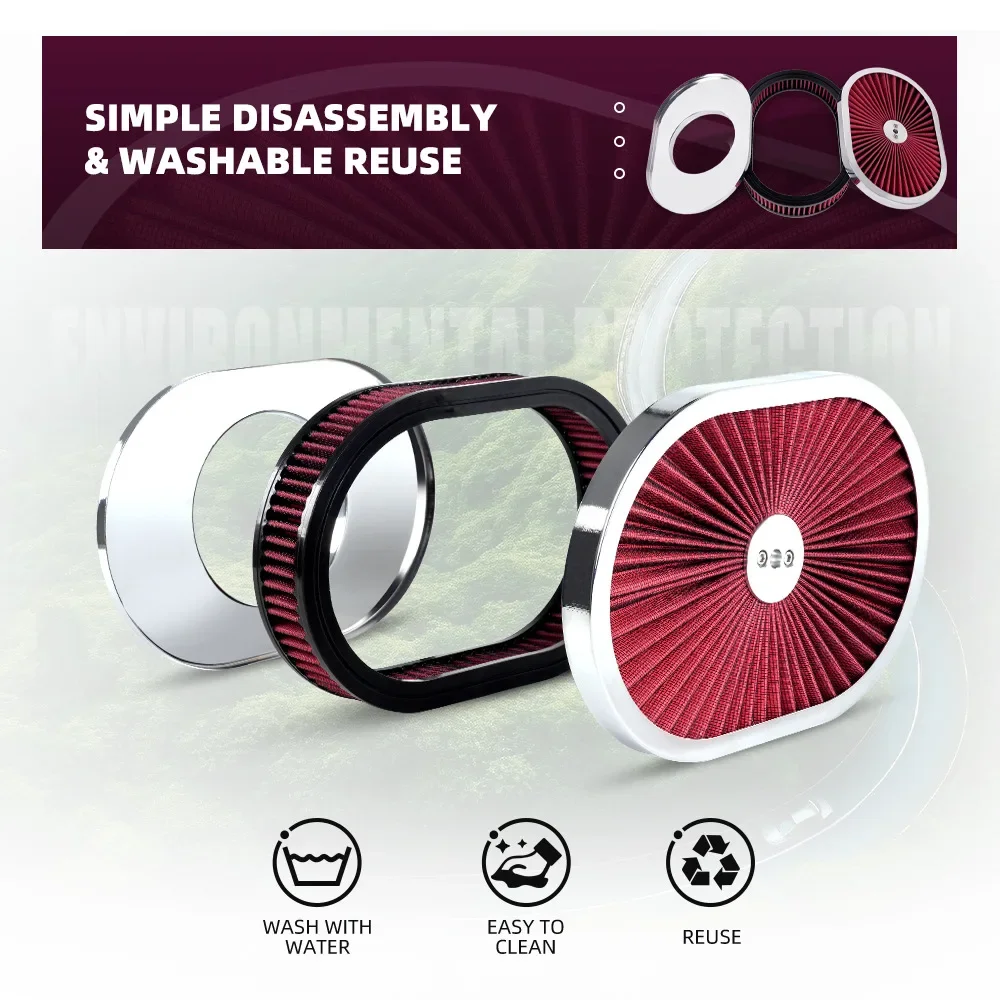 High Flow Chrome 12"x2" Oval Air Cleaner Filter Assembly 5-1/8" Carb Neck w/ Flow-Thru Lid for GMC Chevy Ford Chryler Dodge
High Flow Chrome 12"x2" Oval Air Cleaner Filter Assembly 5-1/8" Carb Neck w/ Flow-Thru Lid for GMC Chevy Ford Chryler Dodge