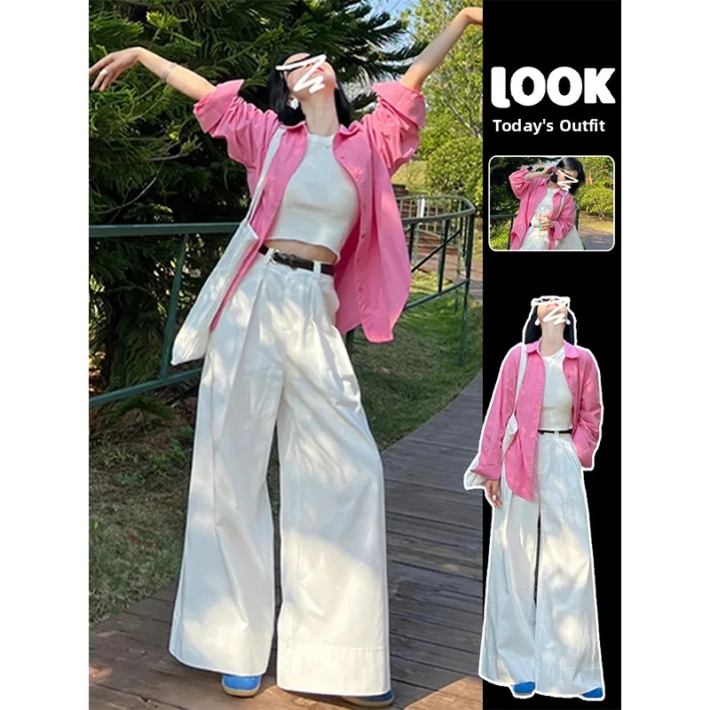 Spring 2026 Women's Pink Shirt Slimming High Waist Wide Leg Pants Outfit Top And Bottoms Set Fashionable Casual Wear
Spring 2026 Women's Pink Shirt Slimming High Waist Wide Leg Pants Outfit Top And Bottoms Set Fashionable Casual Wear