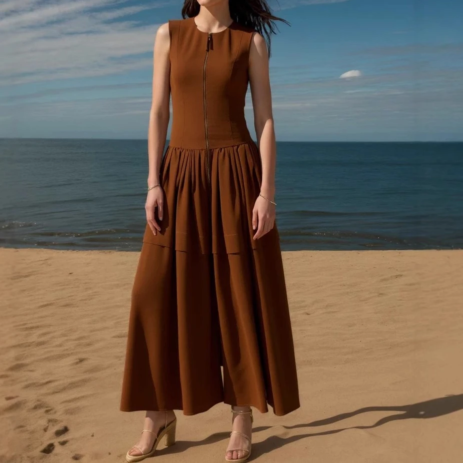 Fashion Brown New Sleeveless Crew Neck Front Zipper High Waist Cascade Dress
Fashion Brown New Sleeveless Crew Neck Front Zipper High Waist Cascade Dress