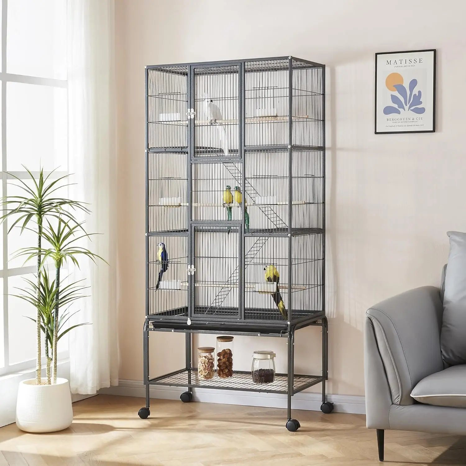 Large Bird Cage, 81L x 46W x 175H cm Metal Parrot Cage with Detachable Stand, Rolling Wheels, Easy Cleaning Tray Feeding Bawl
Large Bird Cage, 81L x 46W x 175H cm Metal Parrot Cage with Detachable Stand, Rolling Wheels, Easy Cleaning Tray Feeding Bawl
