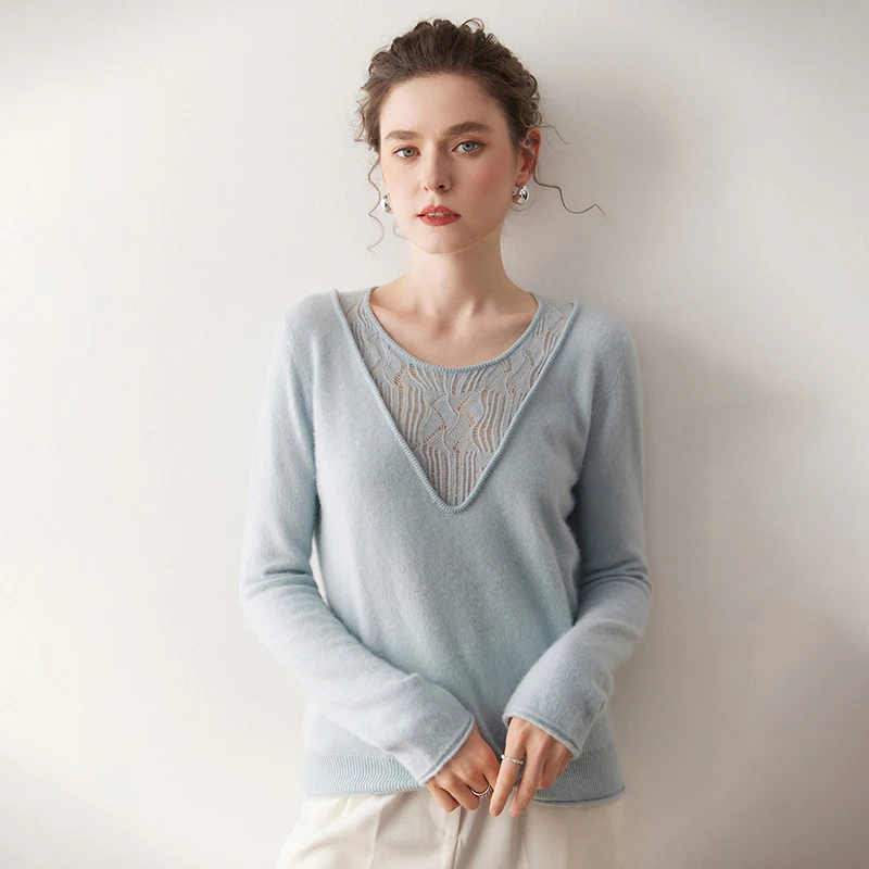 Autumn Winter Women’s Cashmere Sweater Round V-neck Lace Splicing Pullover 100% Cashmere Knitwear Office Lady Fit Clothing Tops
Autumn Winter Women’s Cashmere Sweater Round V-neck Lace Splicing Pullover 100% Cashmere Knitwear Office Lady Fit Clothing Tops