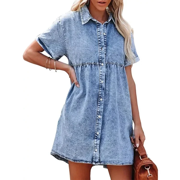 Short Sleeve Turn Down Collar Jean Dress Women Denim Shirt Dresses Single-breasted Casual Top Loose Ruffled Women Dresses
Short Sleeve Turn Down Collar Jean Dress Women Denim Shirt Dresses Single-breasted Casual Top Loose Ruffled Women Dresses