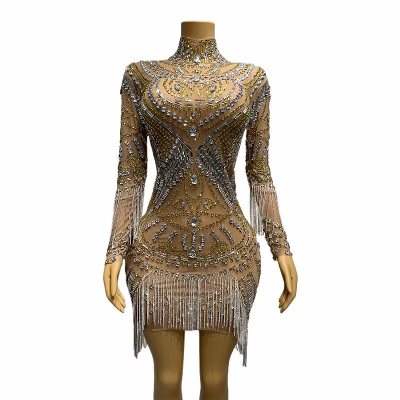 Sparkly Silver Gold Rhinestones Crystals Fringes Transparent Dress Birthday Celebrate Costume Prom Party Show Sexy Dress mifeng
Sparkly Silver Gold Rhinestones Crystals Fringes Transparent Dress Birthday Celebrate Costume Prom Party Show Sexy Dress mifeng