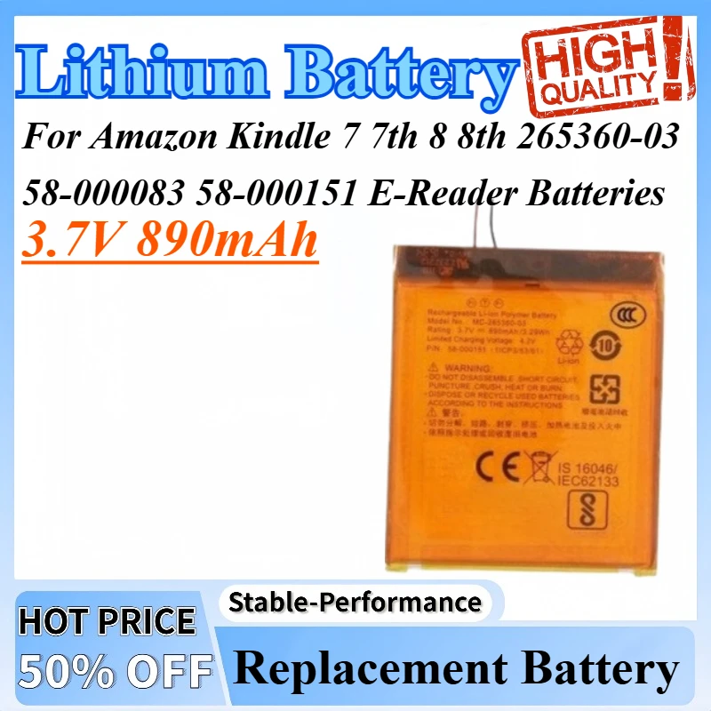 3.7V 890mAh Replacement Lithium Battery For Amazon Kindle 7 7th 8 8th 265360-03 58-000083 58-000151 E-Reader Batteries
3.7V 890mAh Replacement Lithium Battery For Amazon Kindle 7 7th 8 8th 265360-03 58-000083 58-000151 E-Reader Batteries
