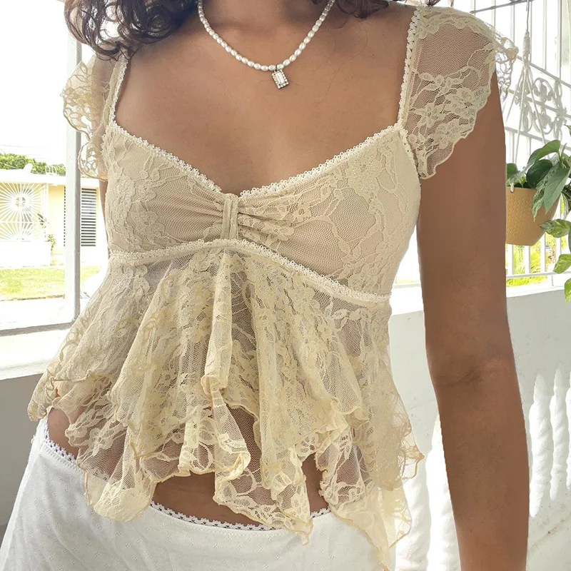 French Sexy Bow Lace T Shirt Women Slim Fit Short Crop Top Sheer Fly Sleeve
French Sexy Bow Lace T Shirt Women Slim Fit Short Crop Top Sheer Fly Sleeve
