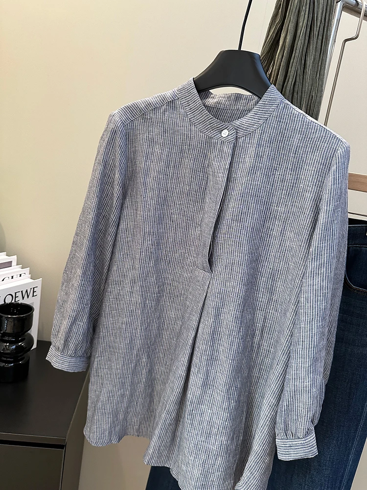 Elegant Loose Fit round Neck Half Open Front Seven Sleeve Striped Linen Shirt Grey Blue Casual Style Summer Women's Top
Elegant Loose Fit round Neck Half Open Front Seven Sleeve Striped Linen Shirt Grey Blue Casual Style Summer Women's Top