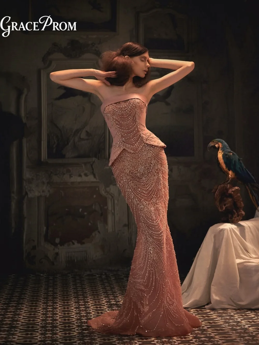 Elegant Dusty Rose Mermaid Long Dress Strapless Peplum Waist Beaded Pattern Party Dress Evening Gown Wedding Guests فساتين سهرة
Elegant Dusty Rose Mermaid Long Dress Strapless Peplum Waist Beaded Pattern Party Dress Evening Gown Wedding Guests فساتين سهرة