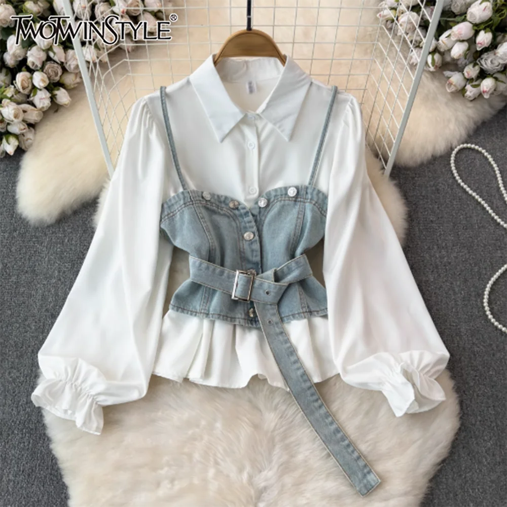 TWOTWINSTYLE Casual Slimming Two Piece Sets For Women Denim Camisole Vest Lapel Long Sleeve Shirts Female Fashion New KSE541838
TWOTWINSTYLE Casual Slimming Two Piece Sets For Women Denim Camisole Vest Lapel Long Sleeve Shirts Female Fashion New KSE541838