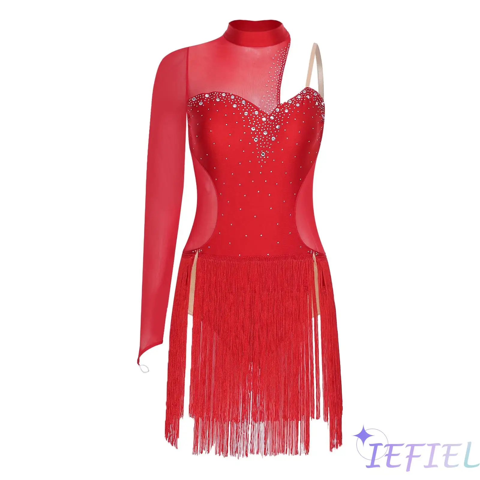 Women Latin Tango Dance Costume Sheer Mesh Patchwork Cutout Back Sparkling Rhinestones Asymmetrical Fringed Dress Dancewear
Women Latin Tango Dance Costume Sheer Mesh Patchwork Cutout Back Sparkling Rhinestones Asymmetrical Fringed Dress Dancewear