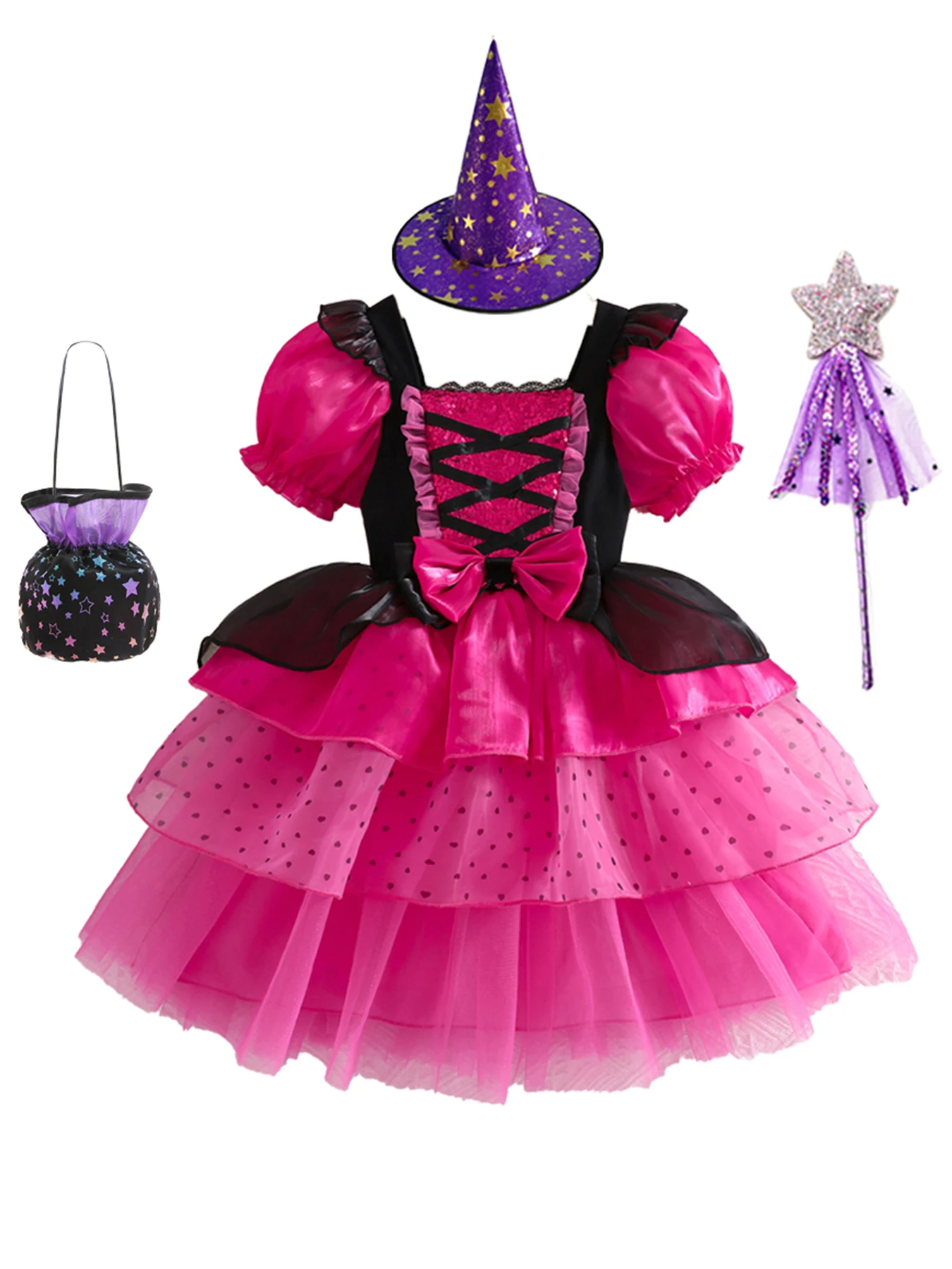 Kids Halloween Witch Dress Set Pink Dress Hat Wand Bag Girls Princess Tutu Puff Sleeves Bow Detail Polka - Dotted Tulle
Kids Halloween Witch Dress Set Pink Dress Hat Wand Bag Girls Princess Tutu Puff Sleeves Bow Detail Polka - Dotted Tulle