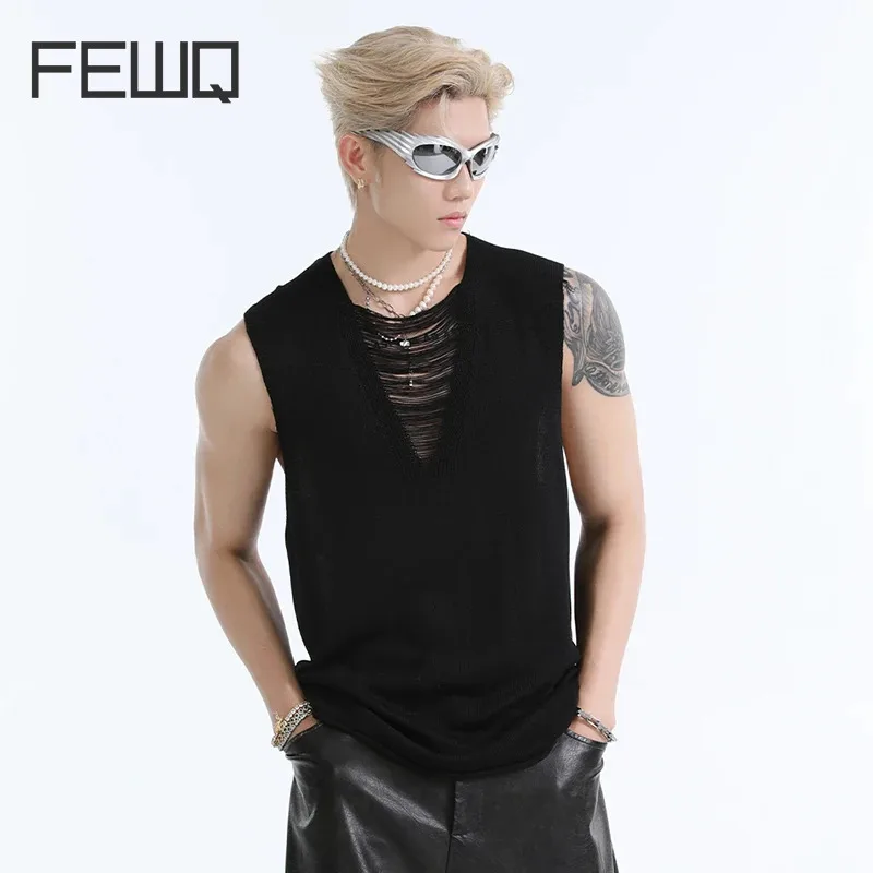 Мужской Топ без рукавов FEWQ, с V-образным вырезом, однотонный трикотажный жилет с круглым вырезом, модель 24E1685, 2024 
Мужской Топ без рукавов FEWQ, с V-образным вырезом, однотонный трикотажный жилет с круглым вырезом, модель 24E1685, 2024