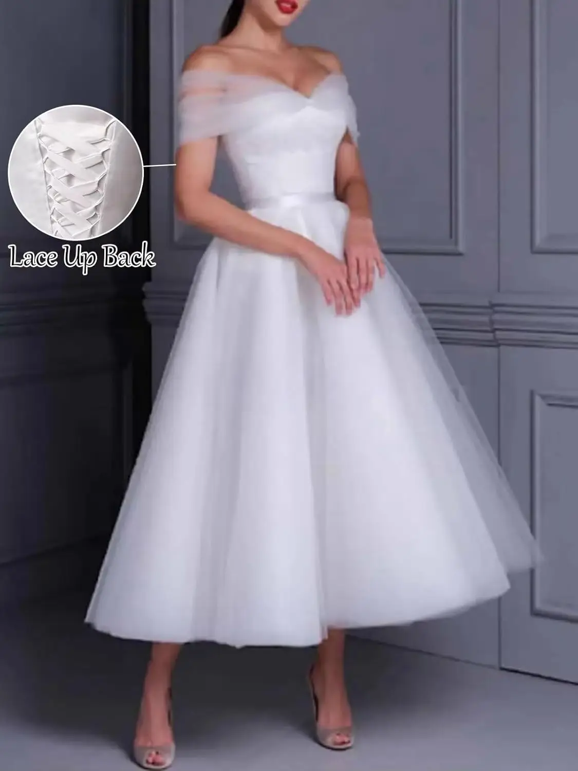 Tulle Midi A Line Women's Off The Shoulder Tea Lenght Wedding Dress for Bride Simple Bridal Dress for Women Simple Wedding Dress
Tulle Midi A Line Women's Off The Shoulder Tea Lenght Wedding Dress for Bride Simple Bridal Dress for Women Simple Wedding Dress