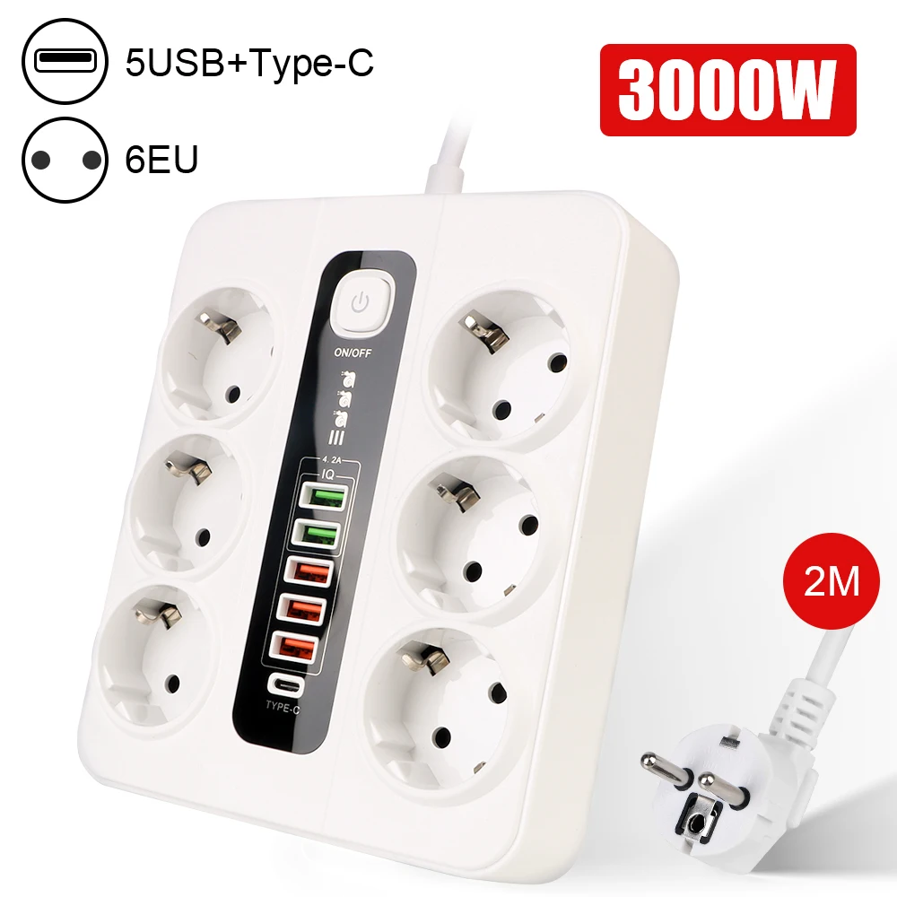 Power Strip USB Type C EU Plug With Safety Switch For Office Home 3000W Extension Socket Overload Protection 2M Cable
Power Strip USB Type C EU Plug With Safety Switch For Office Home 3000W Extension Socket Overload Protection 2M Cable
