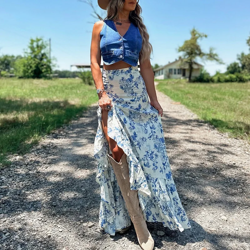 Summer Women Elegant Flower Print Long Skirt Fashion High Waist Ruffle Irregular Skirt 2025 Spring Sexy Split Swing Party Skirt
Summer Women Elegant Flower Print Long Skirt Fashion High Waist Ruffle Irregular Skirt 2025 Spring Sexy Split Swing Party Skirt