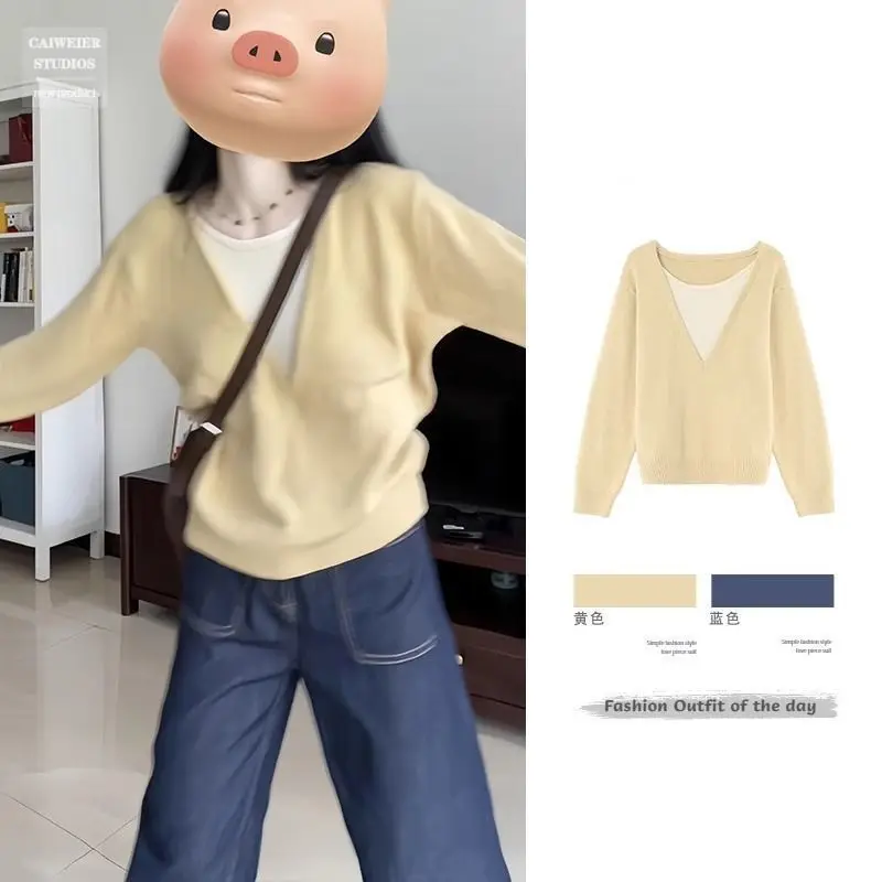 Корейский желтый двухсекционный воротник, искусственный вязаный свитер, ранняя осень, шикарные футболки, свободный шикарный топ, Ropa Mujer, женская одежда, женская одежда
Корейский желтый двухсекционный воротник, искусственный вязаный свитер, ранняя осень, шикарные футболки, свободный шикарный топ, Ropa Mujer, женская одежда, женская одежда