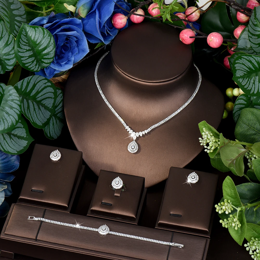 HIBRIDE 4 Pieces Romantic Teardrop Necklace Earrings Ring Self Highlighting Ladies Jewellery Set Party Wedding Banquet S-763
HIBRIDE 4 Pieces Romantic Teardrop Necklace Earrings Ring Self Highlighting Ladies Jewellery Set Party Wedding Banquet S-763