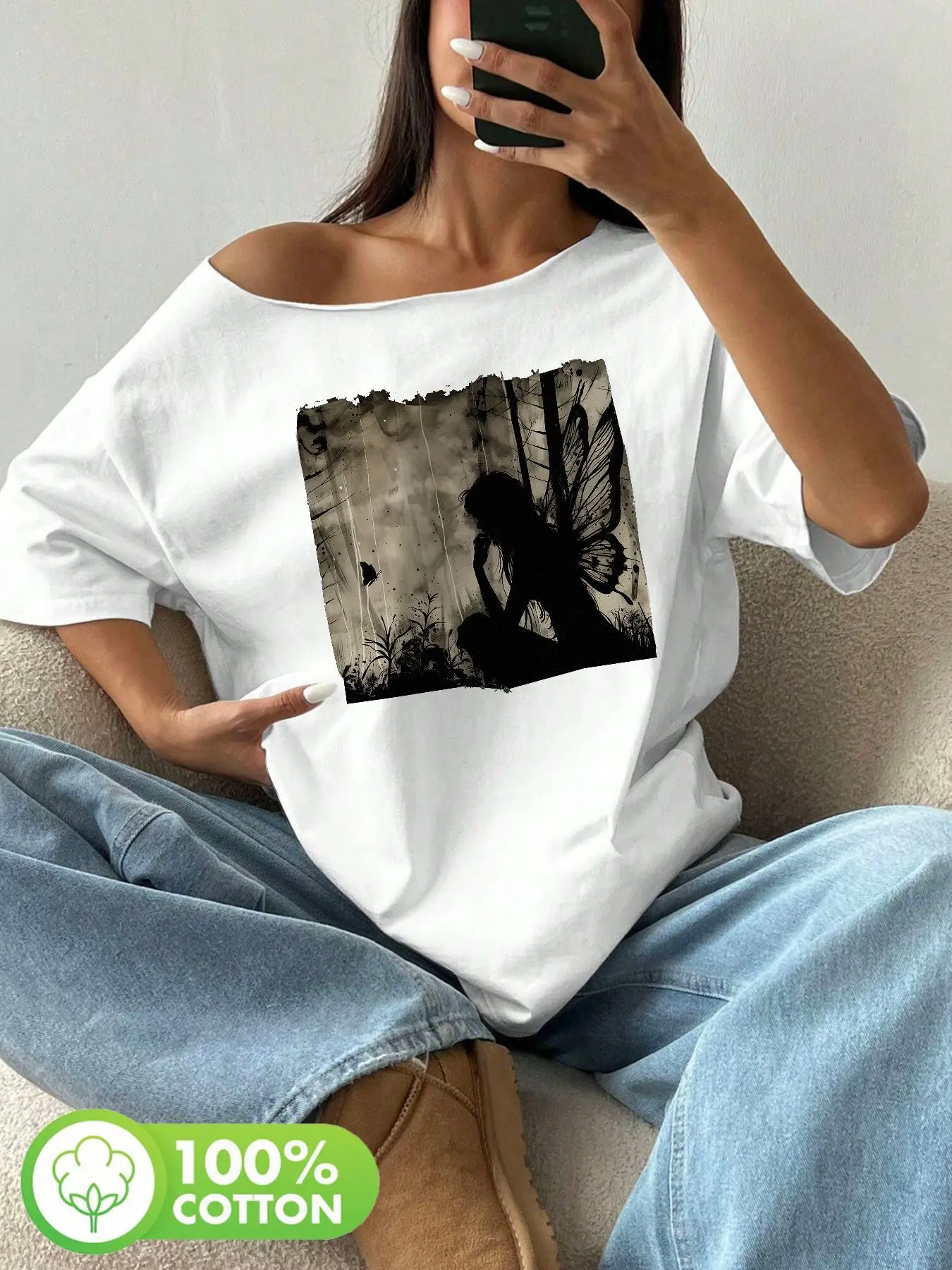 Plus Size Butterfly Fairy Silhouette Gothic Forest Graphic Print 100% Cotton Shoulder Loose Print T-Shirt Oversized Y2K Style
Plus Size Butterfly Fairy Silhouette Gothic Forest Graphic Print 100% Cotton Shoulder Loose Print T-Shirt Oversized Y2K Style