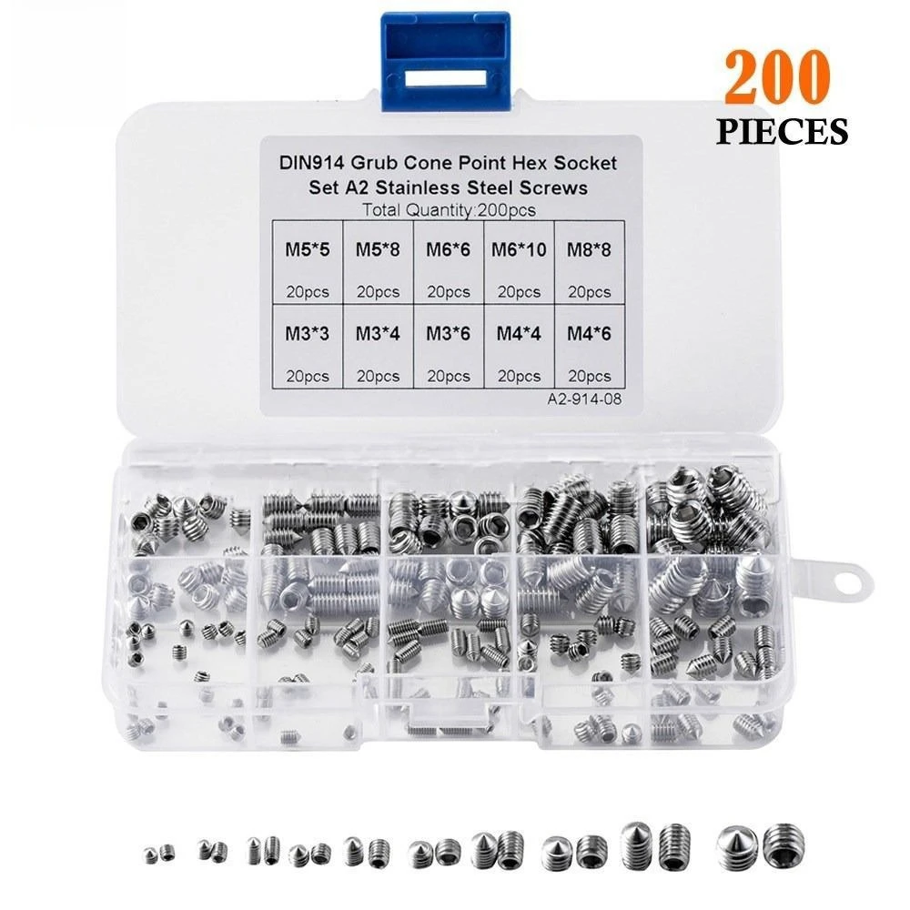 200pcs Stainless Steel Hex Socket Screw Set M3/M4/M5/M6/M8 Grub Machine Screws with Cone Point & Tapered End Durable Fasteners
200pcs Stainless Steel Hex Socket Screw Set M3/M4/M5/M6/M8 Grub Machine Screws with Cone Point & Tapered End Durable Fasteners