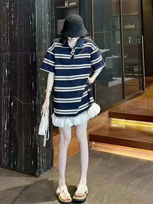 plus Size Casual Striped Lace Hem Dress Women Summer Loose Collar Short Sleeve Midi Dress Comfortable Buxom Ladies Dress
plus Size Casual Striped Lace Hem Dress Women Summer Loose Collar Short Sleeve Midi Dress Comfortable Buxom Ladies Dress
