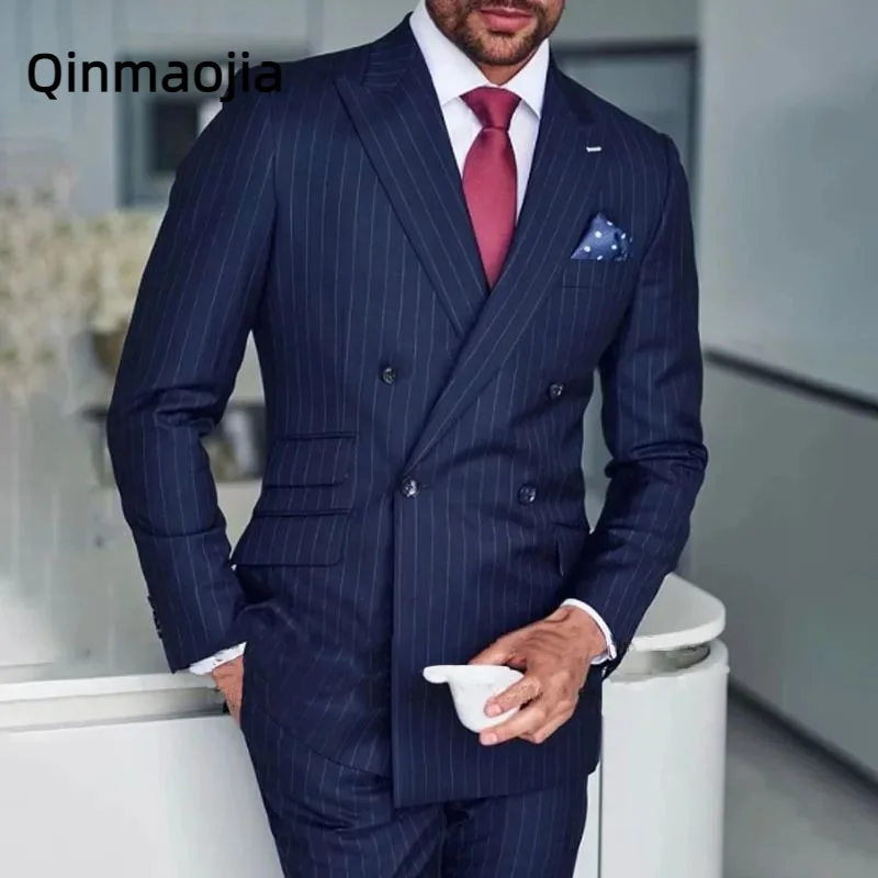 Casual Striped Daily Mens Suits 2 Piece Double Breasted Formal Business Slim Fit Wedding Men's clothing Casual Costume 
Casual Striped Daily Mens Suits 2 Piece Double Breasted Formal Business Slim Fit Wedding Men's clothing Casual Costume