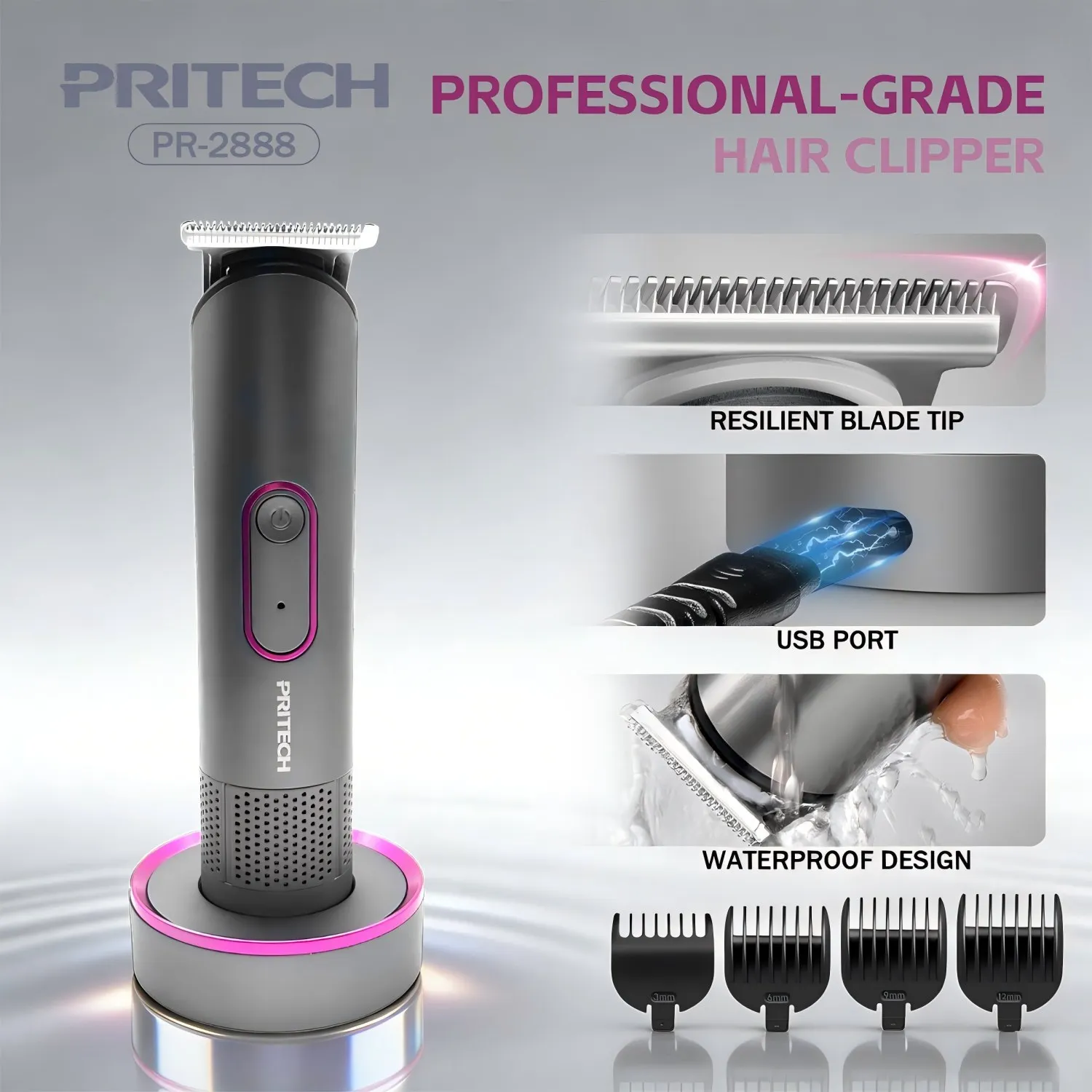 Pritech Hair Trimmer Professional Hair Clipper Washable Blade Hair Cut Machine Cordless Charging Base Trimmer for Men PR-2888
Pritech Hair Trimmer Professional Hair Clipper Washable Blade Hair Cut Machine Cordless Charging Base Trimmer for Men PR-2888