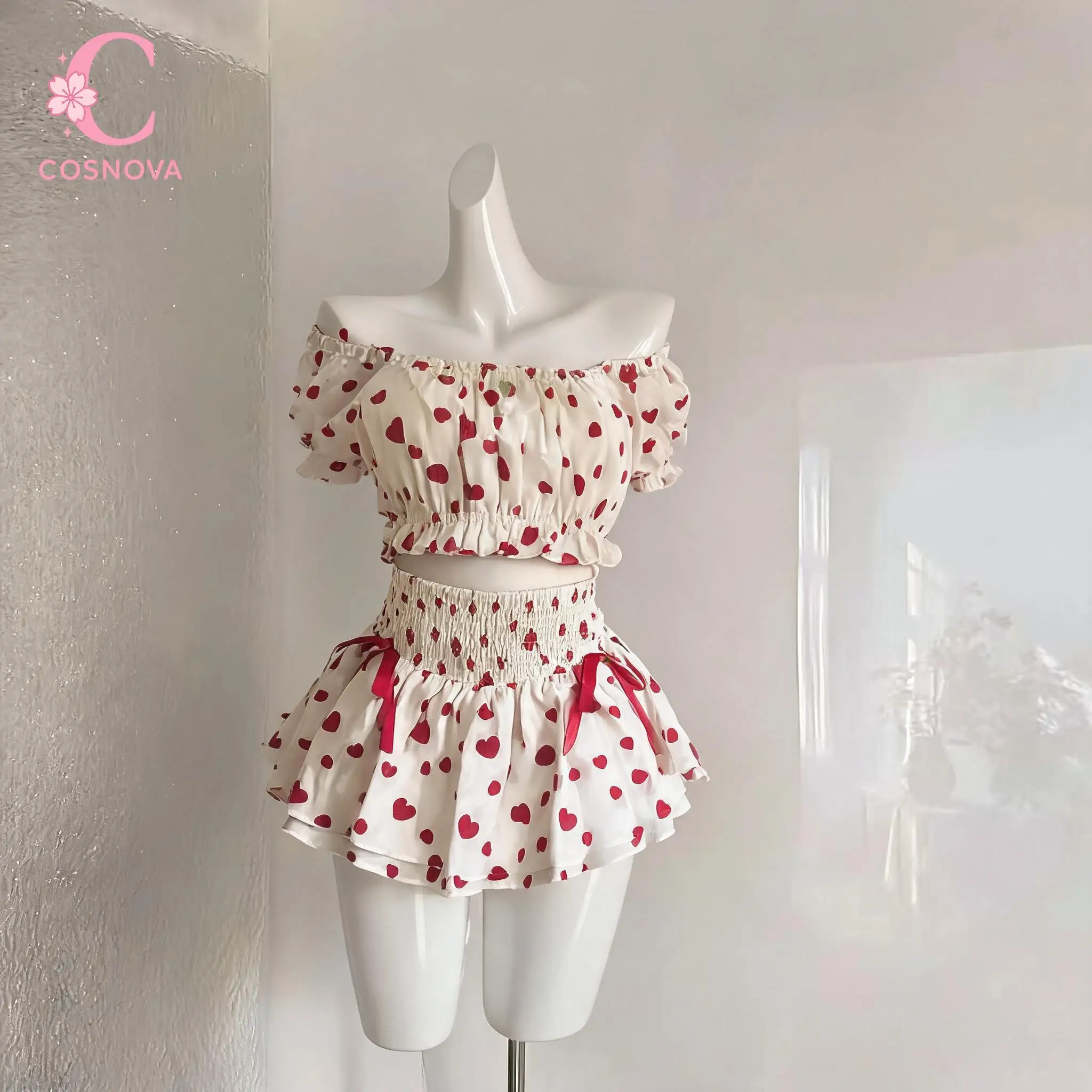 Sweet Kawaii Heart Print Puff Sleeve Off Shoulder 2 Piece Set Shirred High Waist Bow Mini Skirt Women Summer Clubwear Daily Wear
Sweet Kawaii Heart Print Puff Sleeve Off Shoulder 2 Piece Set Shirred High Waist Bow Mini Skirt Women Summer Clubwear Daily Wear