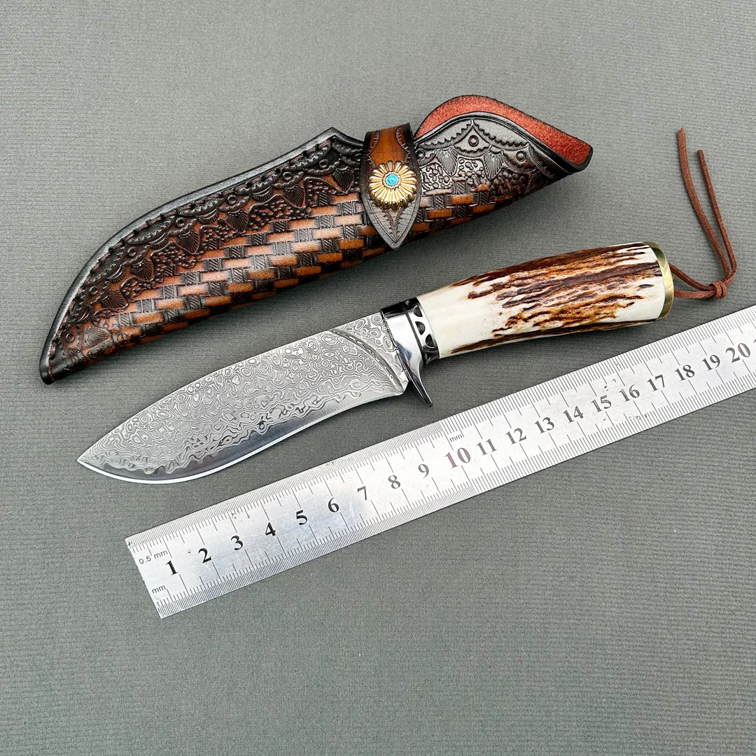 Handmade VG10 Damascus antlers handle Straight Knife With Leather Sheath Camping Outdoor Hunting Defense fixed blade Knivse
Handmade VG10 Damascus antlers handle Straight Knife With Leather Sheath Camping Outdoor Hunting Defense fixed blade Knivse