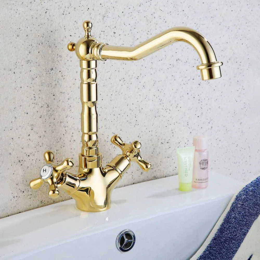 Polished Gold Bathroom Sink Faucet Basin Mixer Tap Double Cross Head Handle Single Hole Hot and Cold Water Nsf096
Polished Gold Bathroom Sink Faucet Basin Mixer Tap Double Cross Head Handle Single Hole Hot and Cold Water Nsf096