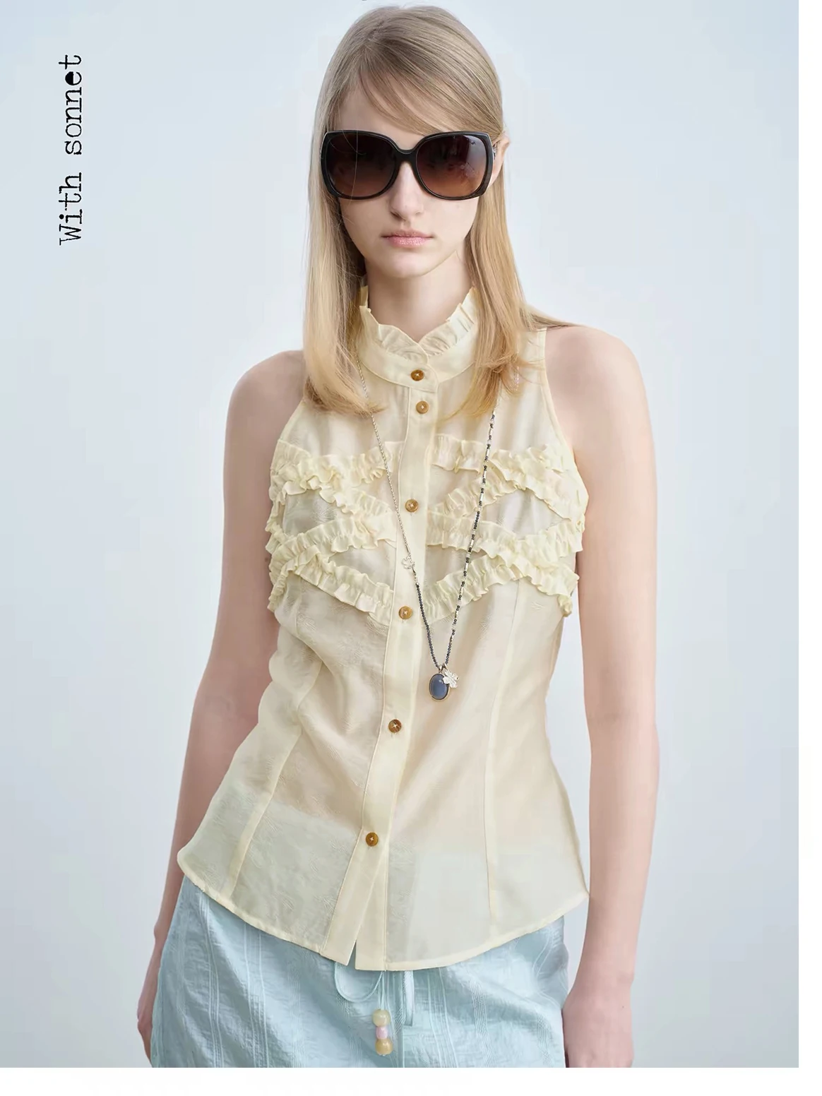 Withsonnet Yellow Lace Trim Shirt Stand Collar Embroidery Waist Cinching Summer Atmosphere Sleeveless Women's Top
Withsonnet Yellow Lace Trim Shirt Stand Collar Embroidery Waist Cinching Summer Atmosphere Sleeveless Women's Top