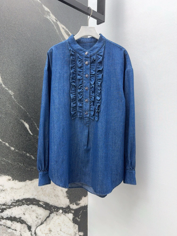 spring summer luxury new women blue denim loose ruffles long sleeve blouse female chic shirt tops
spring summer luxury new women blue denim loose ruffles long sleeve blouse female chic shirt tops