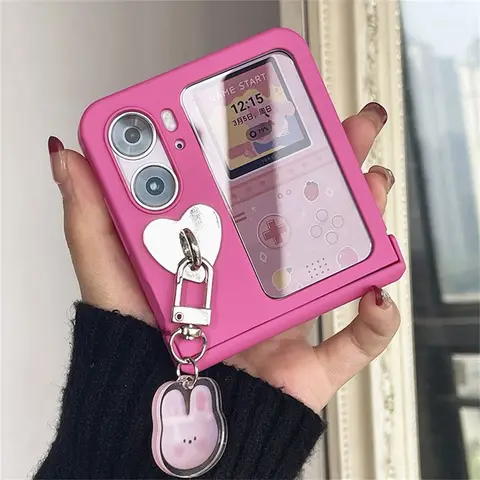 Cute Korean Cartoon Bunny Rabbit Pendant Pink Rose Red Case for OPPO Find N2 FLIP findn2 flip Find N3 Flip N3Flip Bcak Cover
