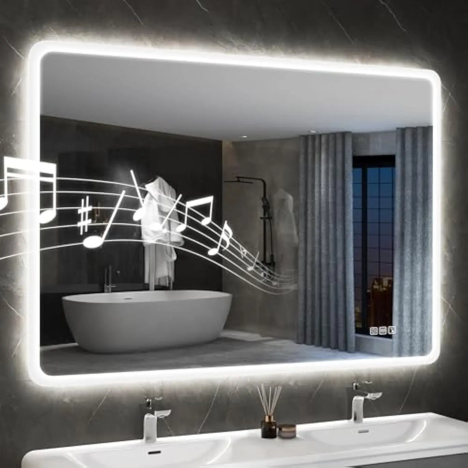 32X24 Led-Lighted-Bathroom-Mirror, Wall-Mounted-Dimmable-Vanity-Mirror, Bluetooth Speaker Anti-Fog Waterproof Smart Touch Butt
32X24 Led-Lighted-Bathroom-Mirror, Wall-Mounted-Dimmable-Vanity-Mirror, Bluetooth Speaker Anti-Fog Waterproof Smart Touch Butt