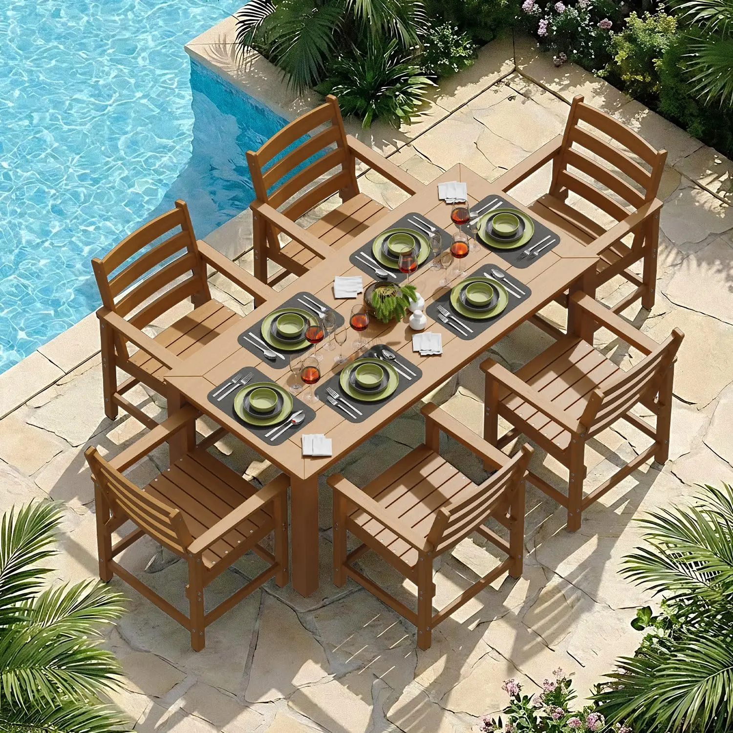 7pc HDPE Dining Set w/ Table, Chairs & Umbrella Hole, All-Weather Garden Backyard Deck Furniture, Customized
7pc HDPE Dining Set w/ Table, Chairs & Umbrella Hole, All-Weather Garden Backyard Deck Furniture, Customized