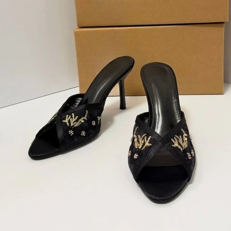 Summer 2026 New Women's Sandals Floral Embroidered Mesh Beaded Open Toe Stiletto Heels Wedding Dress Black Thin Heel Mules
Summer 2026 New Women's Sandals Floral Embroidered Mesh Beaded Open Toe Stiletto Heels Wedding Dress Black Thin Heel Mules
