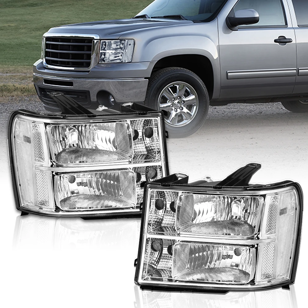 Для GMC Sierra 2007-2014 годов: хромированные фары с прозрачными угловыми указателями поворота
Для GMC Sierra 2007-2014 годов: хромированные фары с прозрачными угловыми указателями поворота