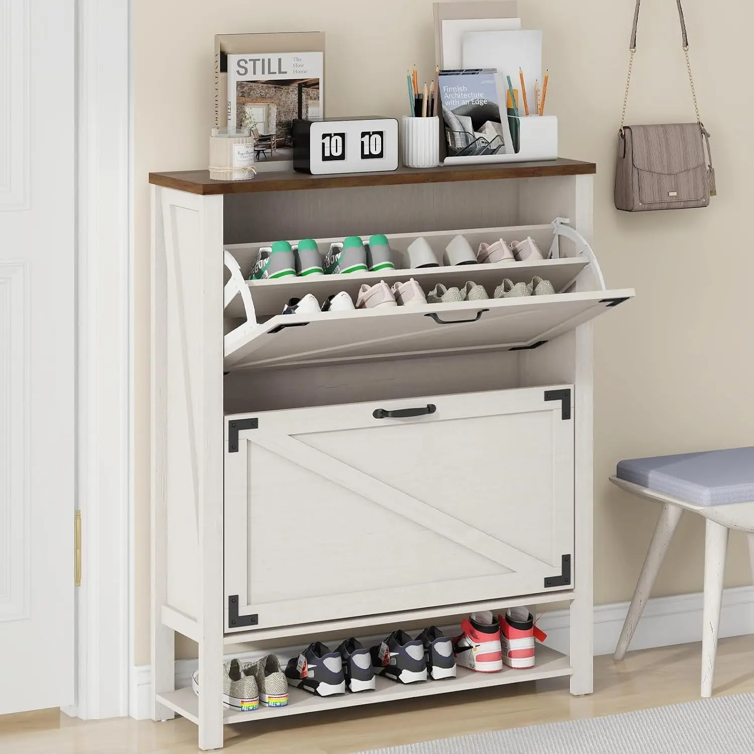 Shoe Storage Cabinet, Farmhouse Freestanding Organizer with 2 Flip Drawers, Wooden Hidden Narrow Slim Shoe Rack Cabinet
Shoe Storage Cabinet, Farmhouse Freestanding Organizer with 2 Flip Drawers, Wooden Hidden Narrow Slim Shoe Rack Cabinet