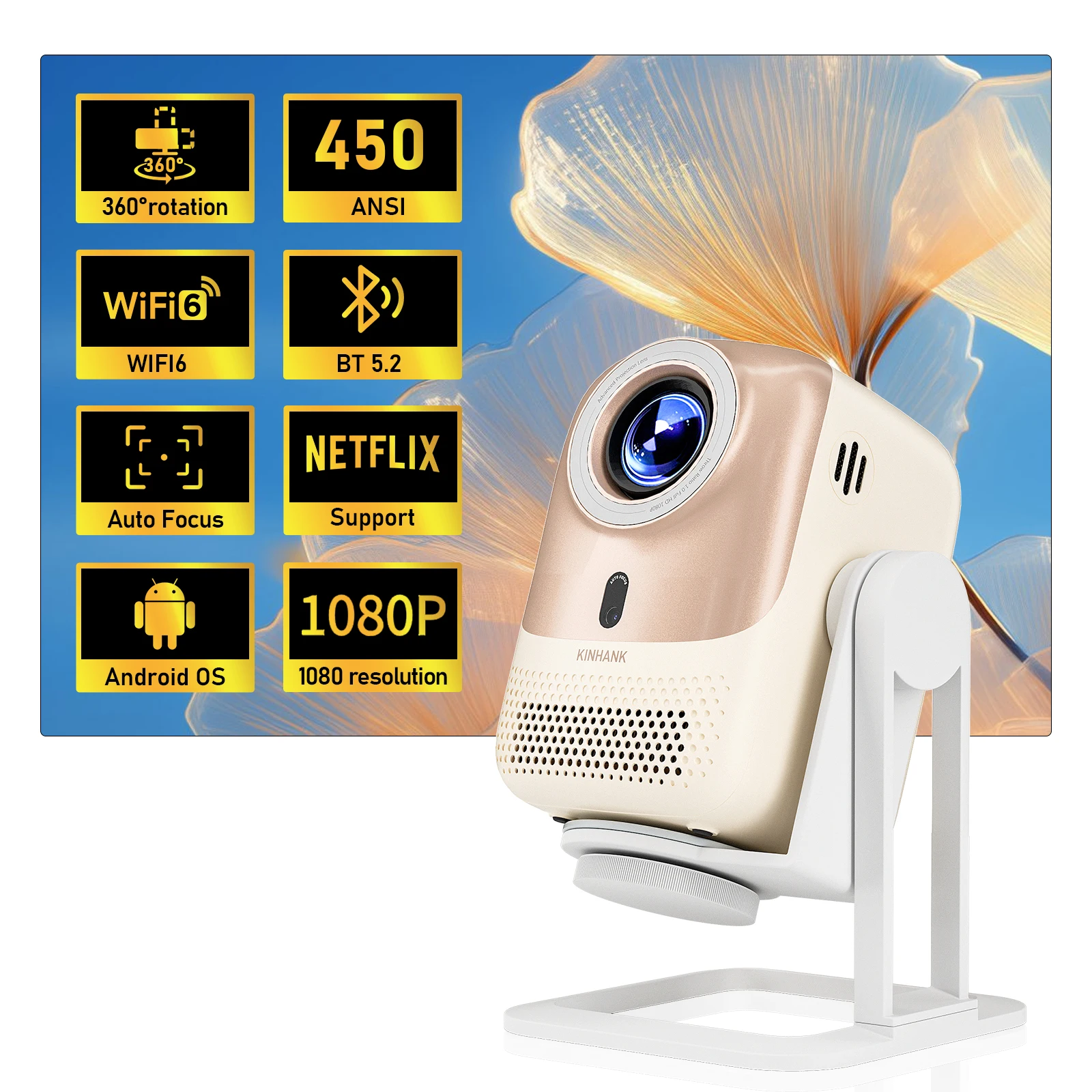 Портативный уличный кинопроектор с автофокусом, родной 1080P 450 ANSI Wi-Fi 6, ОС Android с Netflix, проектор для умного дома
Портативный уличный кинопроектор с автофокусом, родной 1080P 450 ANSI Wi-Fi 6, ОС Android с Netflix, проектор для умного дома