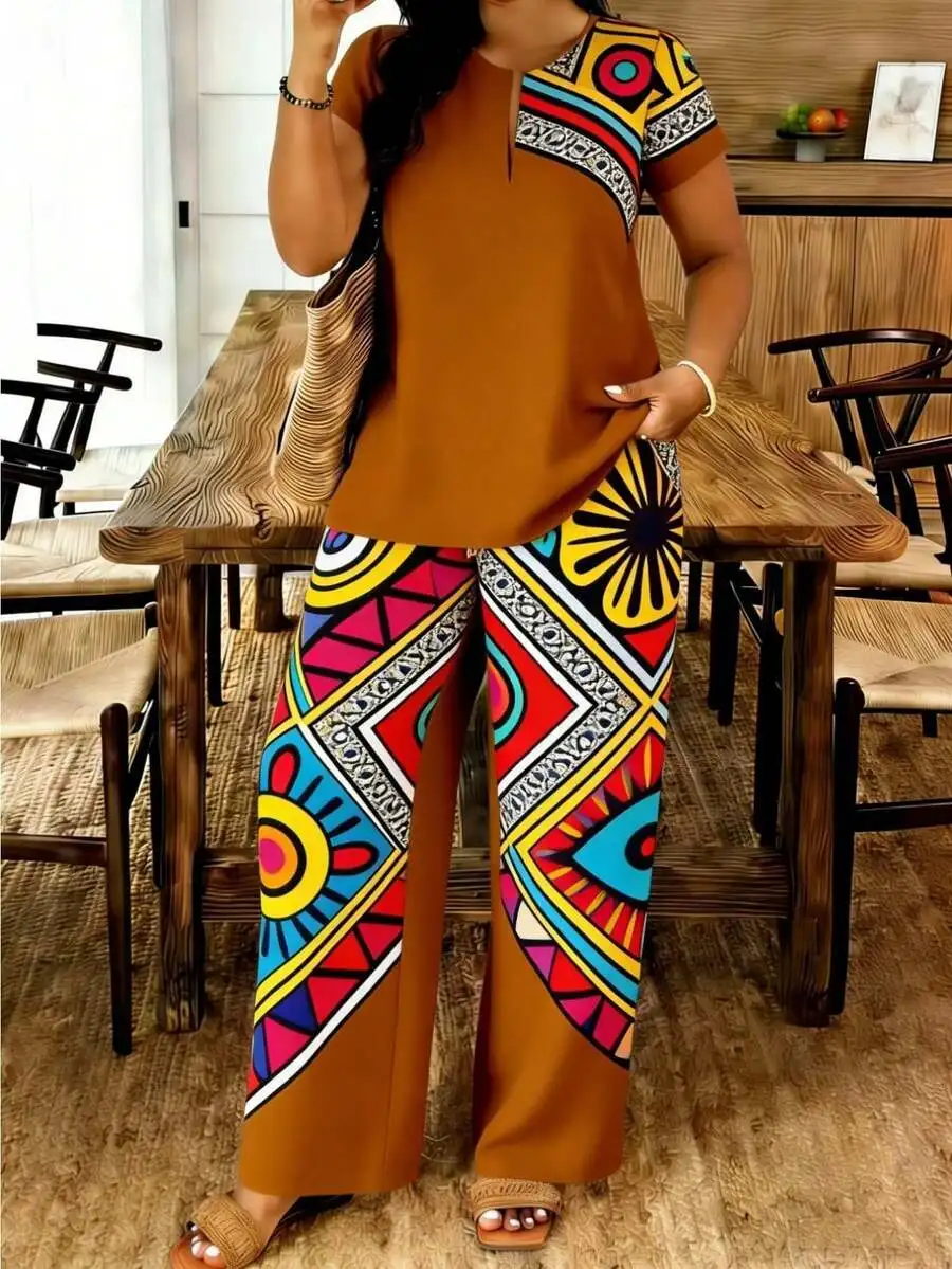 Colorful Geometric Patchwork Print V-Neck Short Sleeve Wide Leg Pants Set Polyester Casual Womens Two Piece Outfit
Colorful Geometric Patchwork Print V-Neck Short Sleeve Wide Leg Pants Set Polyester Casual Womens Two Piece Outfit