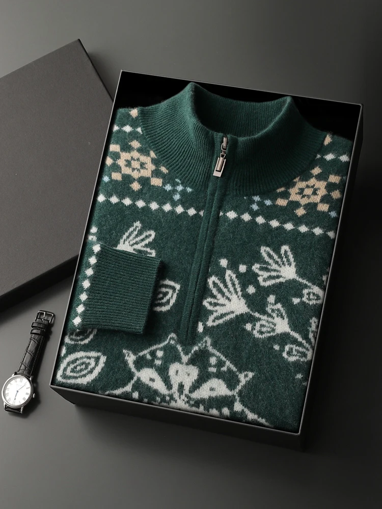 Chic Luxury Style Retro Jacquard Men's Clothing 100% Cashmere Sweater Autumn Winter Zipper Pullover Thick Mock Neck Casual Tops
Chic Luxury Style Retro Jacquard Men's Clothing 100% Cashmere Sweater Autumn Winter Zipper Pullover Thick Mock Neck Casual Tops