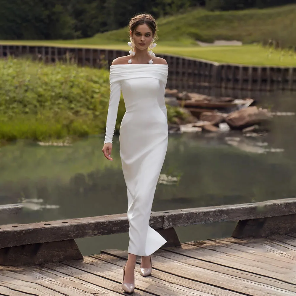 Modern Off The Shoulder Long Sleeves Anlke Length Satin Sheath Wedding Dresses Custom Made Formal Bridal Grown 2024 Vestido De
Modern Off The Shoulder Long Sleeves Anlke Length Satin Sheath Wedding Dresses Custom Made Formal Bridal Grown 2024 Vestido De