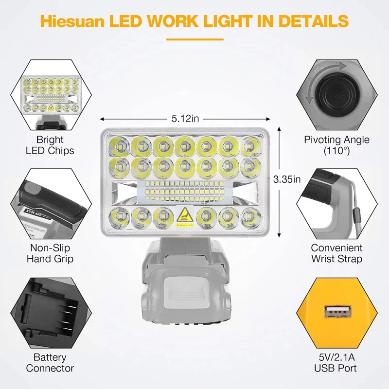 18W 2000LM Cordless LED Work Light for Dewalt 20V Batteries Adjustable Flashlight with USB Charging Port for Outdoor camping
18W 2000LM Cordless LED Work Light for Dewalt 20V Batteries Adjustable Flashlight with USB Charging Port for Outdoor camping