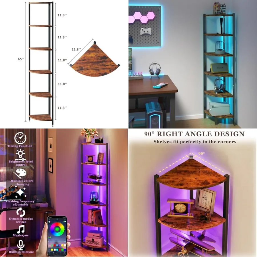 Corner Shelf with LED Lights, 6-Tier Corner Bookshelf, 66'' Organizer Book Shelf Shelves Steel Frame Display Stand with Living
Corner Shelf with LED Lights, 6-Tier Corner Bookshelf, 66'' Organizer Book Shelf Shelves Steel Frame Display Stand with Living