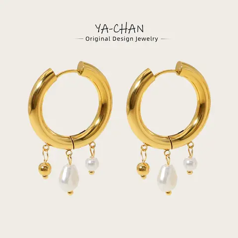 YACHAN Baroque Pearl Stainless Steel Hoop Earrings for Women Exquisite Chic Huggie Earring 18K Gold Plated Jewelry