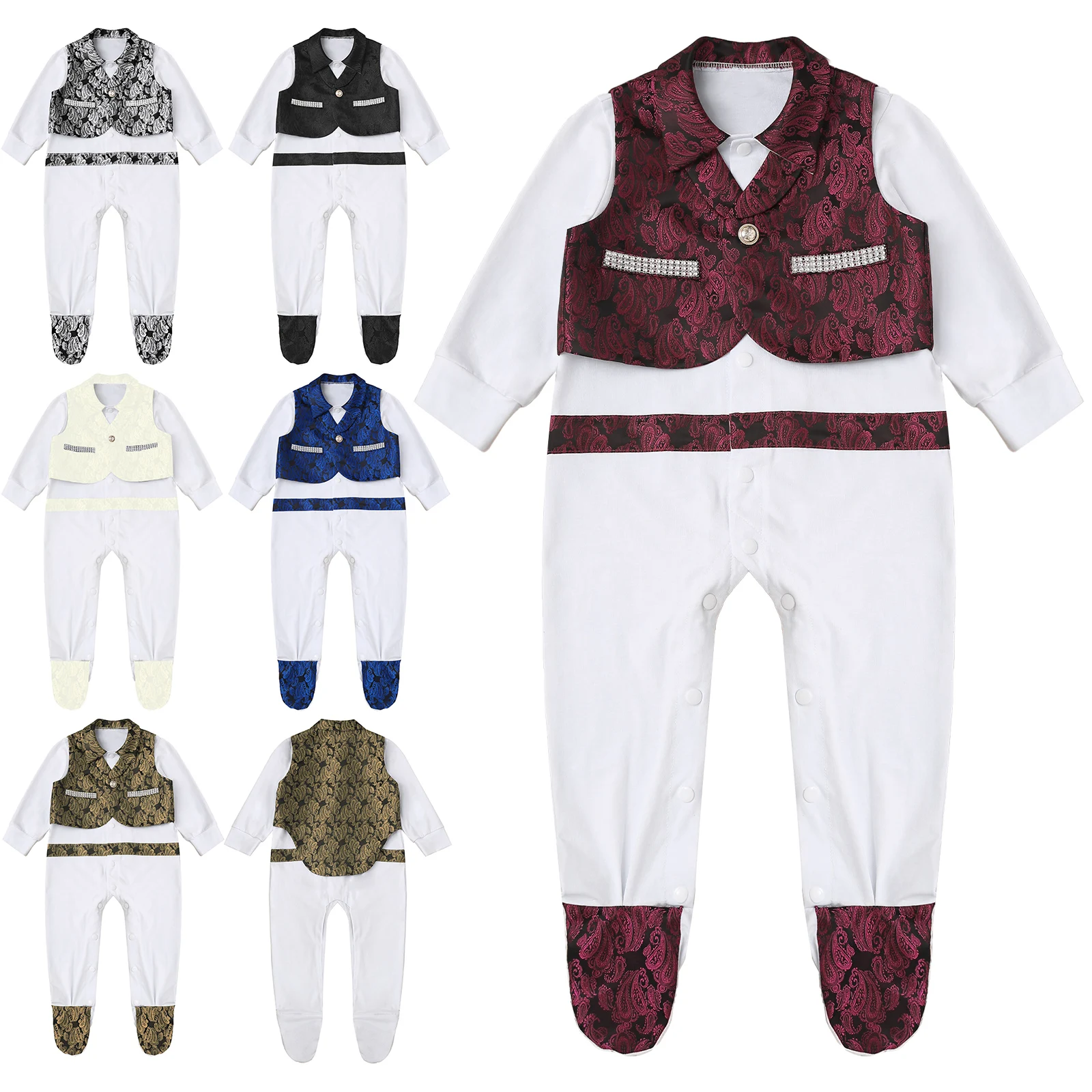 Baby Boys Baptism Clothing Gentleman Outfit Long Sleeve Romper with Jacquard Tuxedo Vest for Formal Wedding Party Christening
Baby Boys Baptism Clothing Gentleman Outfit Long Sleeve Romper with Jacquard Tuxedo Vest for Formal Wedding Party Christening