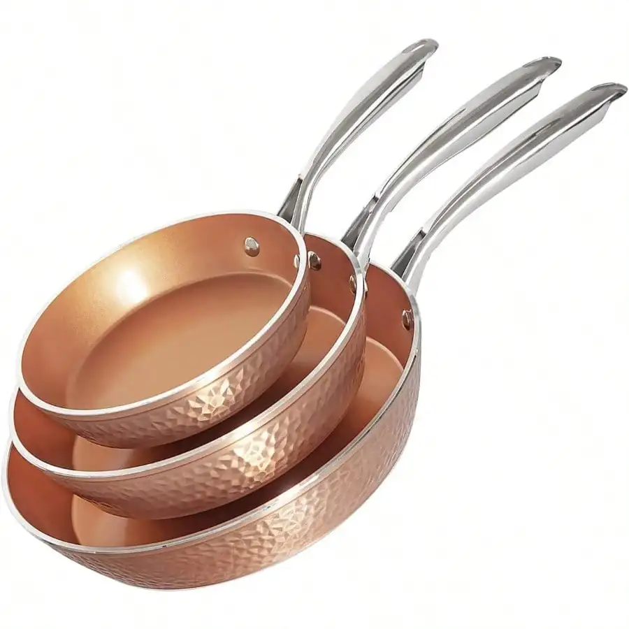 Hammered Frying Pan Set 3 Piece Nonstick Copper Fry Pans 8 10 12 Skillet Omelet Pan Cookware PFOA Free Dishwasher Cool Touch Handle
Hammered Frying Pan Set 3 Piece Nonstick Copper Fry Pans 8 10 12 Skillet Omelet Pan Cookware PFOA Free Dishwasher Cool Touch Handle
