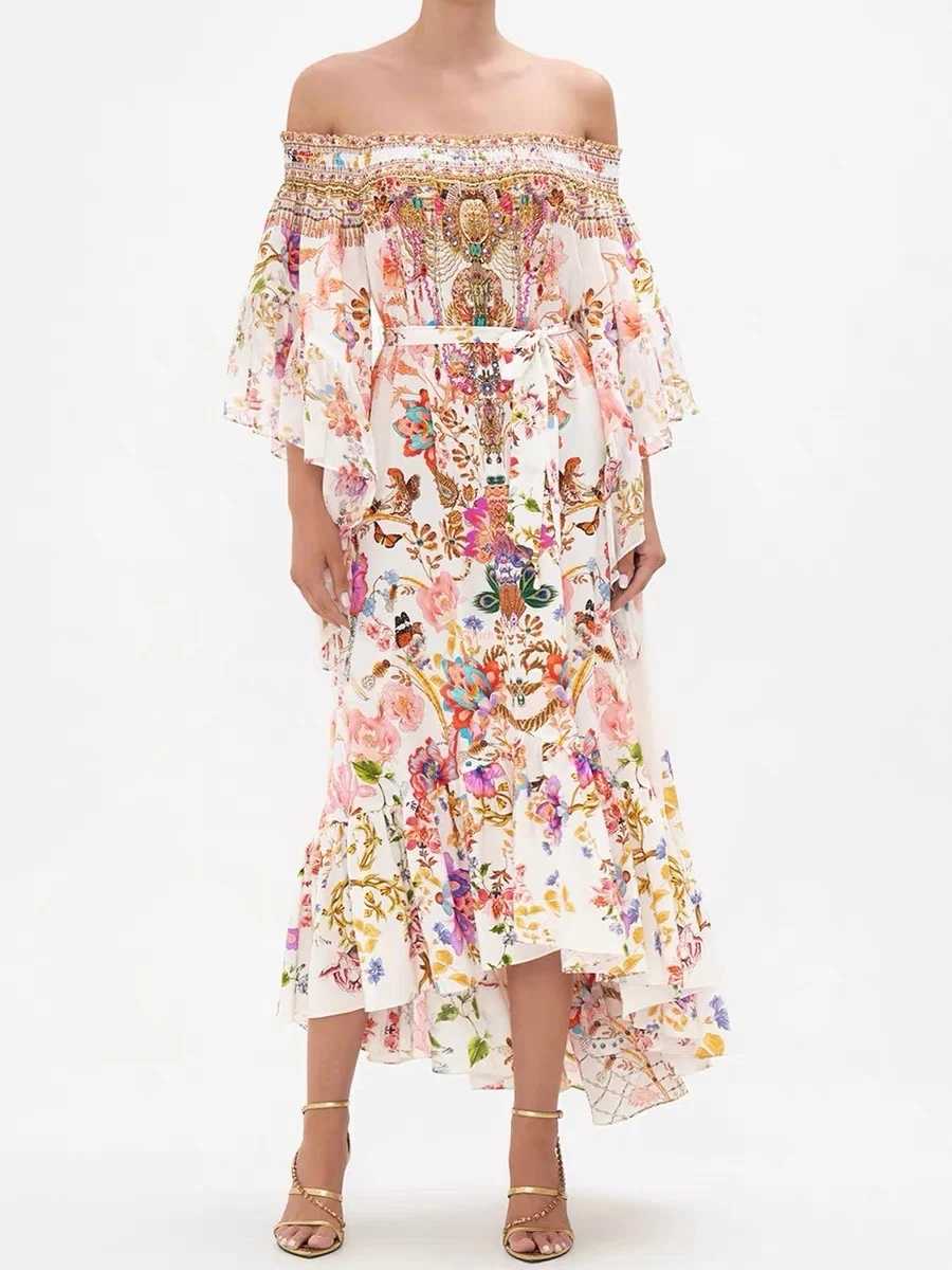 Women Silk Pink Flower Printed Slash Neck Off Shoulder Waist Lace-up Holiday Midi Dress
Women Silk Pink Flower Printed Slash Neck Off Shoulder Waist Lace-up Holiday Midi Dress