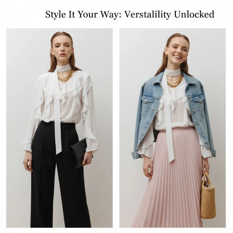 2025 Summer Chiffon Blouse For Women Loose Fit V Neck Long Sleeve Sheer Top With Ruffles Neck Tie Elegant Office Style Clothes
2025 Summer Chiffon Blouse For Women Loose Fit V Neck Long Sleeve Sheer Top With Ruffles Neck Tie Elegant Office Style Clothes
