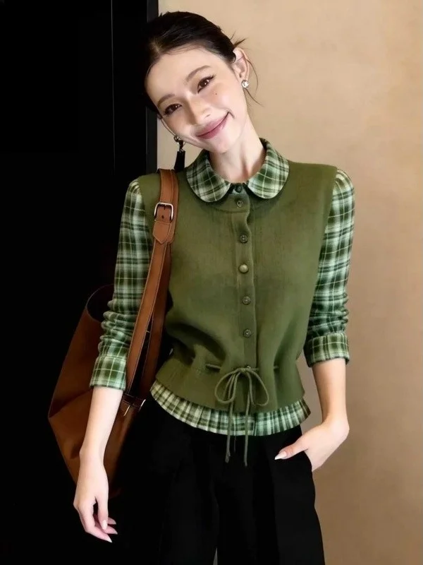 Slimming Knitted Sweater Short Plaid Korean Forest Style Versatile Vintage Fake Two-Piece Shirt for Women Spring Commute
Slimming Knitted Sweater Short Plaid Korean Forest Style Versatile Vintage Fake Two-Piece Shirt for Women Spring Commute