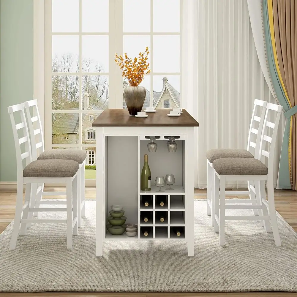 Комплект мебели для кухни и столовой в деревенском стиле: стол для небольших помещений с подставкой для вина и держателем для бокалов, а также мягкие стулья.
Комплект мебели для кухни и столовой в деревенском стиле: стол для небольших помещений с подставкой для вина и держателем для бокалов, а также мягкие стулья.